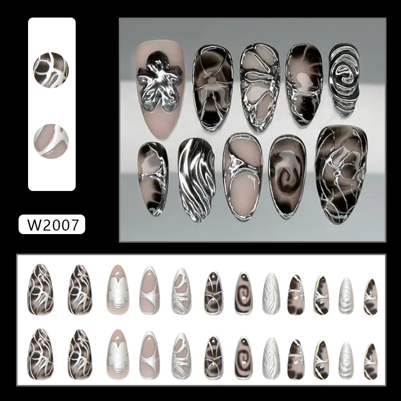 24pcs Flower Print Press on Nails Wine Red Blush Almond False Nail Tips Wearable Reusable Summer Spicy Girl Fake Nails