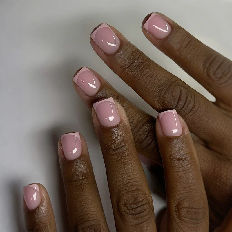 24Pcs Nude Color Fake Nails Short Square Head Press on Nails White Heart Printed Valentine's Day Full Cover False Nails Tips