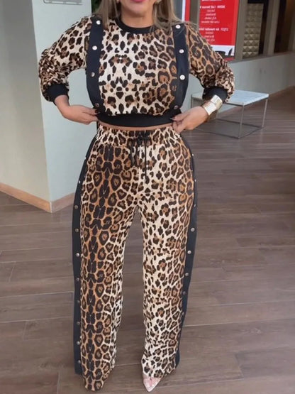 Leopard Print O-neck Top + Split Pants Matching Sets