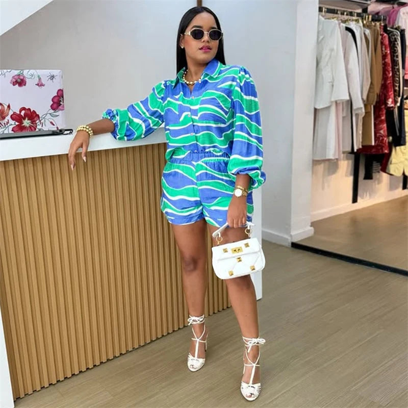 Collar Button Long Sleeve Shirt Top + Short Sets