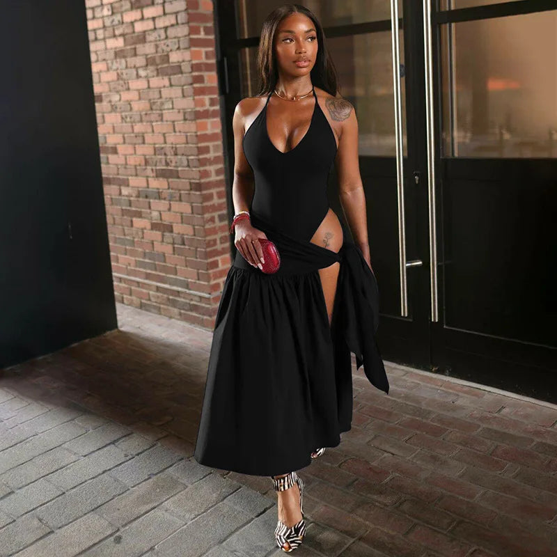 Elegant Halter Bodysuits Tie Up Maxi Skirts Matching Outfits