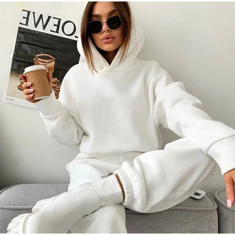 Sanga Two Piece Sets Hooded Sweatshirts Streetwear Pants Solid Suit Sweatpants Jogging Trousers (Autumn Outfits)