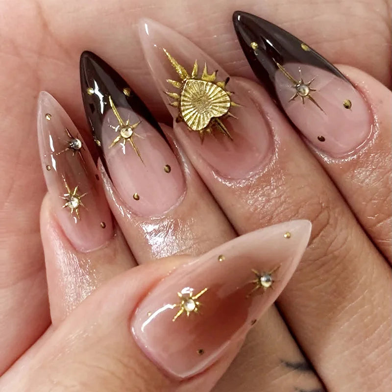 24Pcs Short Almond Fake Nails Butterfly Wings Nail Art with Glue Glitter Flower False Nails Acrylic Autumn Winter Press on Nail