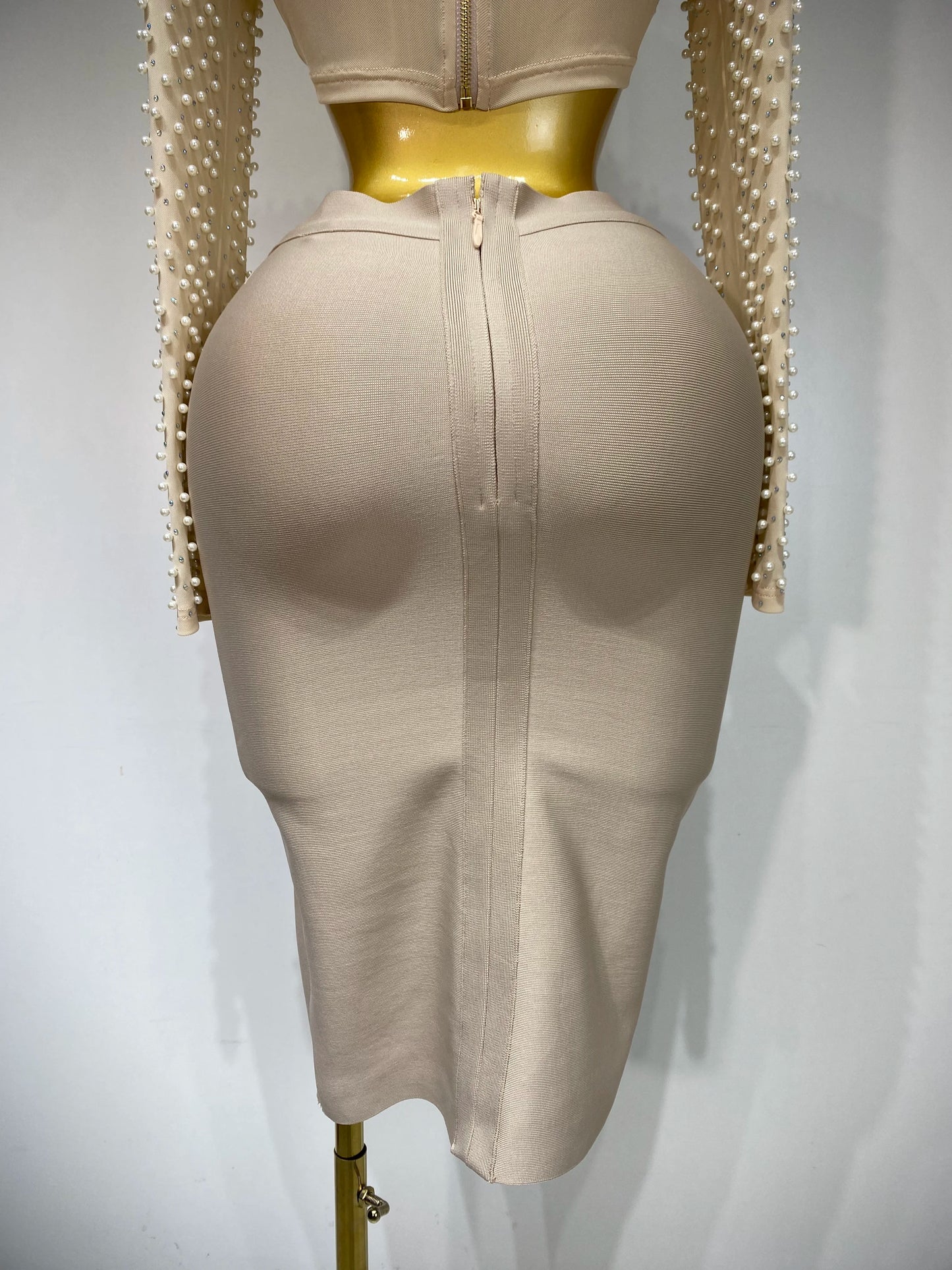 Celebrity Long Sleeve Mesh Pearl Top + Midi Skirt Sets