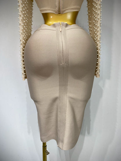 Celebrity Long Sleeve Mesh Pearl Top + Midi Skirt Sets