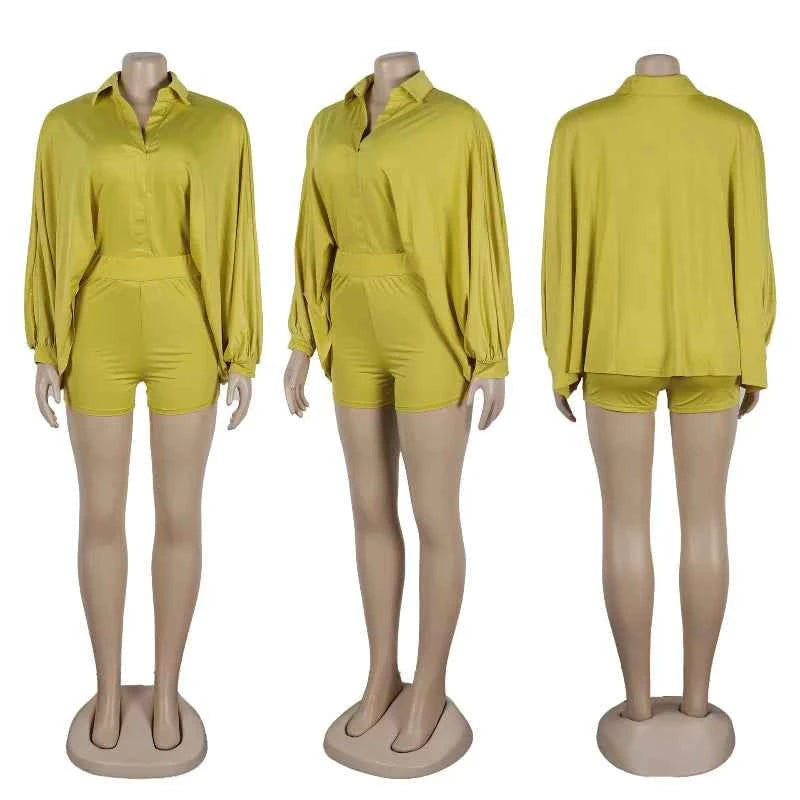 Solid Batwing Sleeve Loose Shirt Top + Shorts Casual Matching Sets