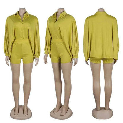 Solid Batwing Sleeve Loose Shirt Top + Shorts Casual Matching Sets