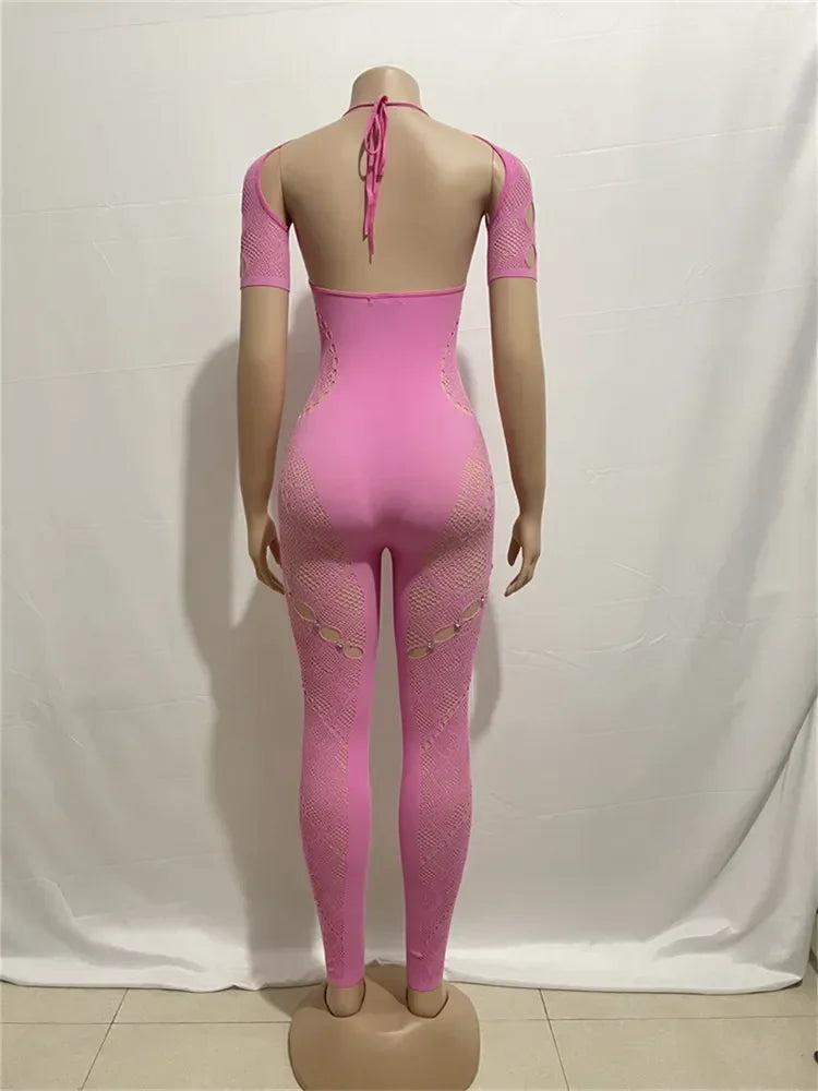 Sanaa Skinny Pink Mesh See Though One-piece Overalls