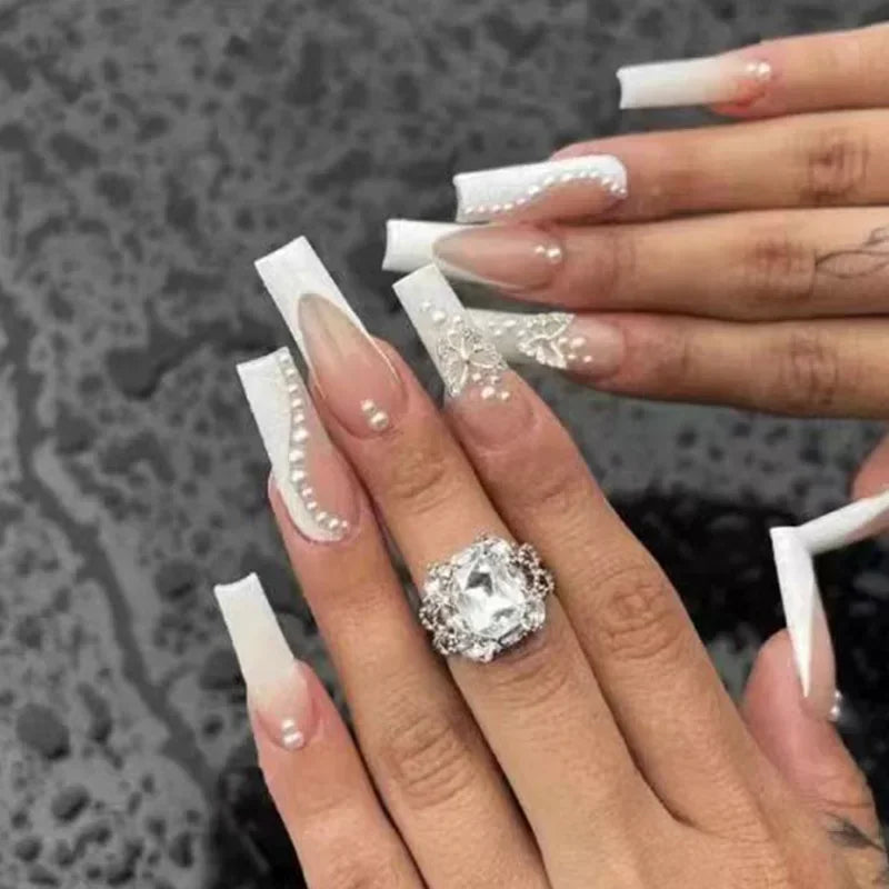24Pcs Simple White French Press on Nails with Glue Long Ballet False Nails Wearable Coffin Fake Nails Full Cover Nail Tips