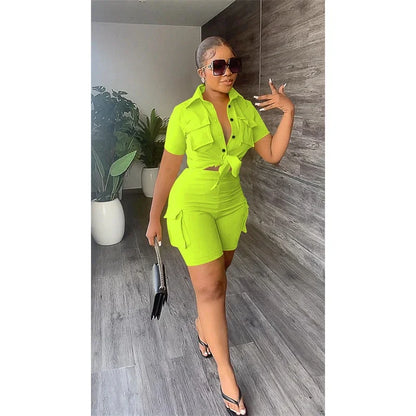 Pockets Short Sleeve Button-Up Shirt Top + Short Matching Sets