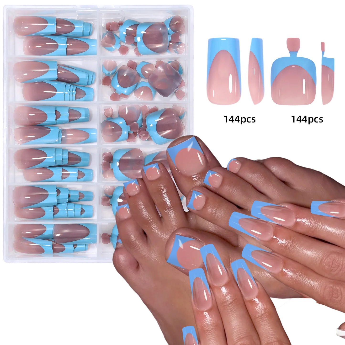 144pcs Shiny French Hand + Foot Nail Set (square)