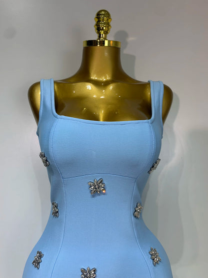 Crystal Sleeveless Square Collar Bodycon Mini Bandage Dresses