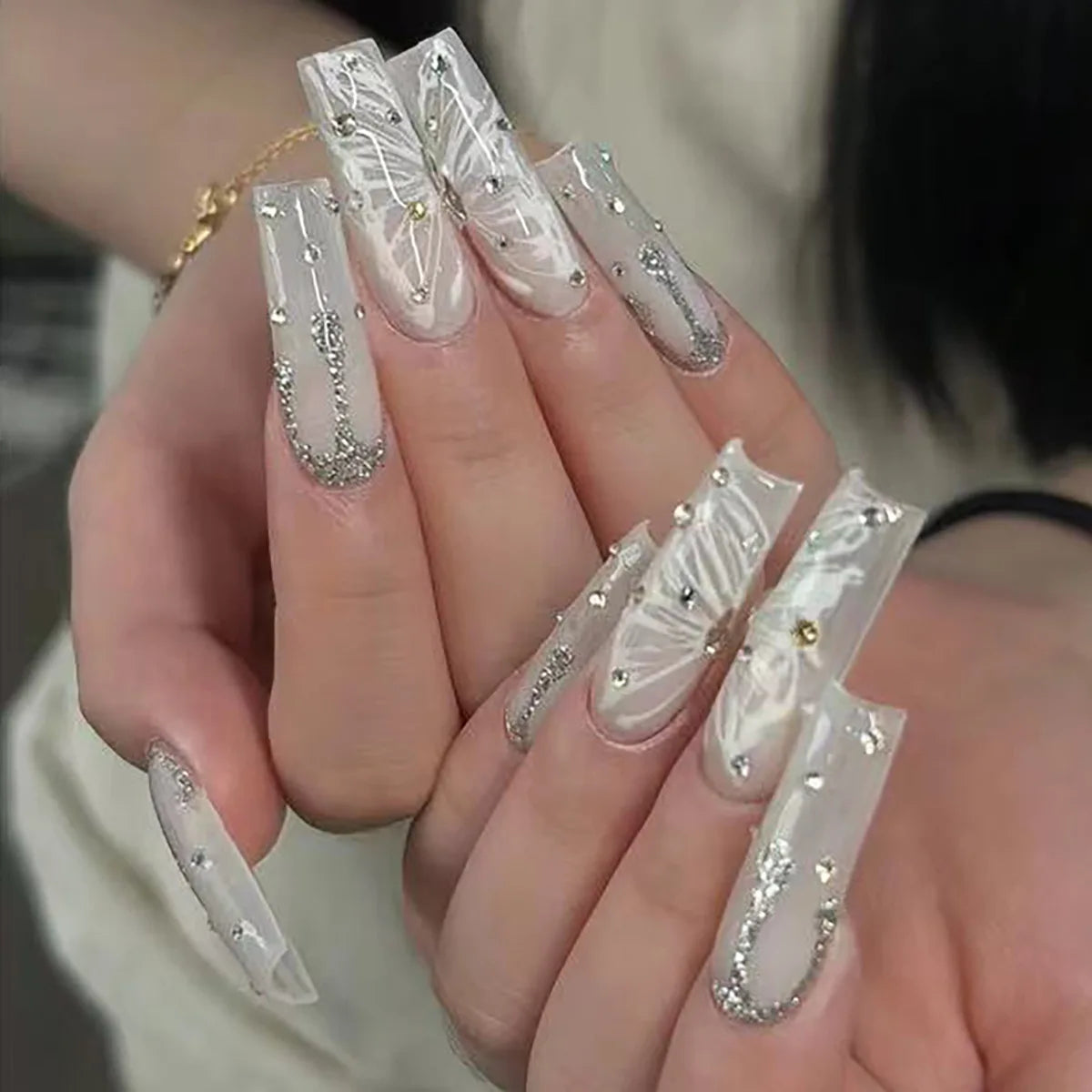 24Pcs Pink Butterfly Design False Nails Extra Long Coffin Fake Nails Wearable French Ballet Press on Nails Full Cover Nail Tips