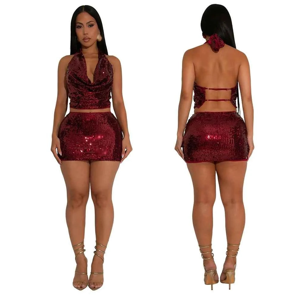 Sequin Halter Crop Top + Mini Skirt Matching Sets