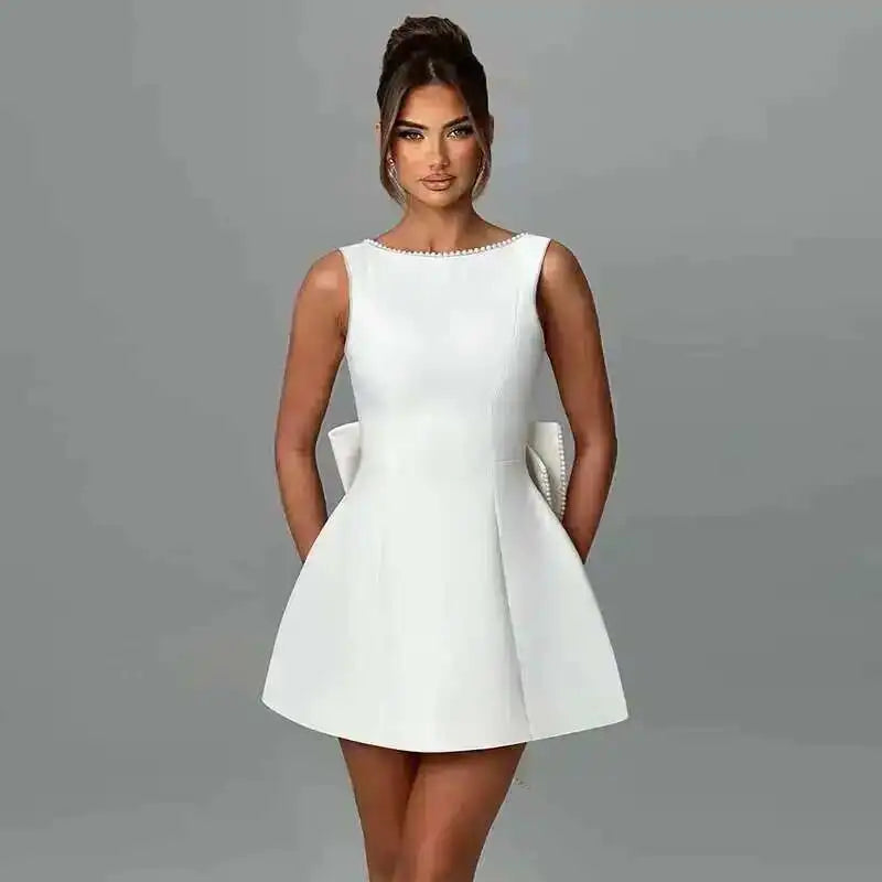 Bow Pearl Backless Elegant Waist Wrap A-line Dresses