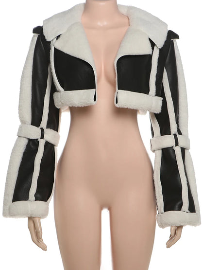 Furry Patchwork Women Crop Jacket Hipster Full Sleeve Open Stitch Hipster Streetwear Warm Outwear Basic Wild Coat