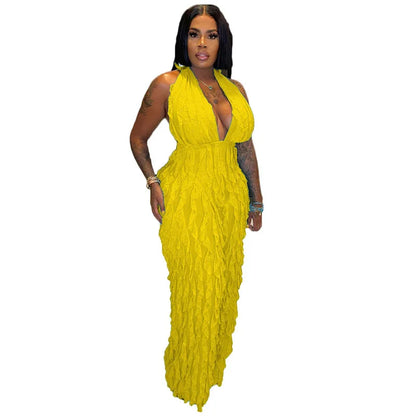Ruffles Deep V-neck Halter Backless Wide Leg Jumpsuits