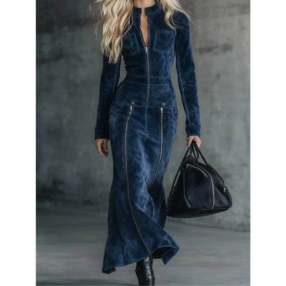 Vintage Suede Multi-Zip Slim-Fit Dresses
