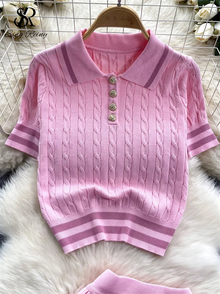 Newest Knitting Two Pieces Sets Button Vintage Basic Tops + High Waist Pleated Skirt Women Fashion 2pcs Suits