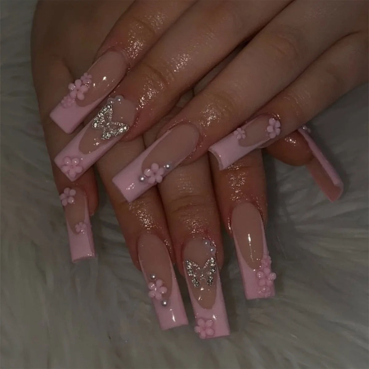24Pcs French Fake Nails with Glue Long Square False Nails Flower Rhinestone Design Press on Nails Wearable Coffin Nail Tips