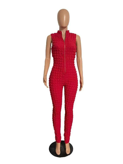 Sleeveless Popcorn Bubble Fabric Front Zipper Jumpsuits