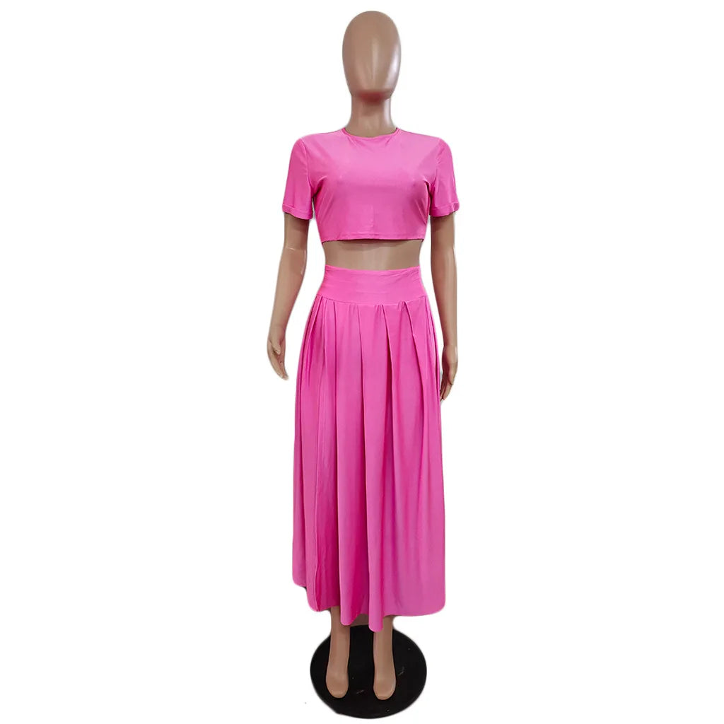 Suhiaqe Short-sleeved Crop Tops + Maxi Split Skirts Solid Color Matching Outfits