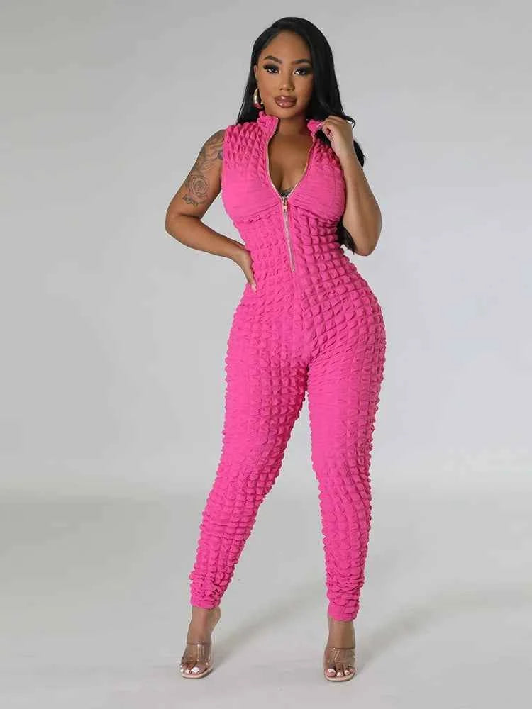 Sleeveless Popcorn Bubble Fabric Front Zipper Jumpsuits