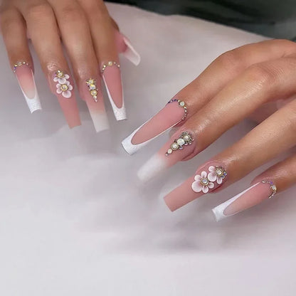 24Pcs Simple White French Press on Nails with Glue Long Ballet False Nails Wearable Coffin Fake Nails Full Cover Nail Tips