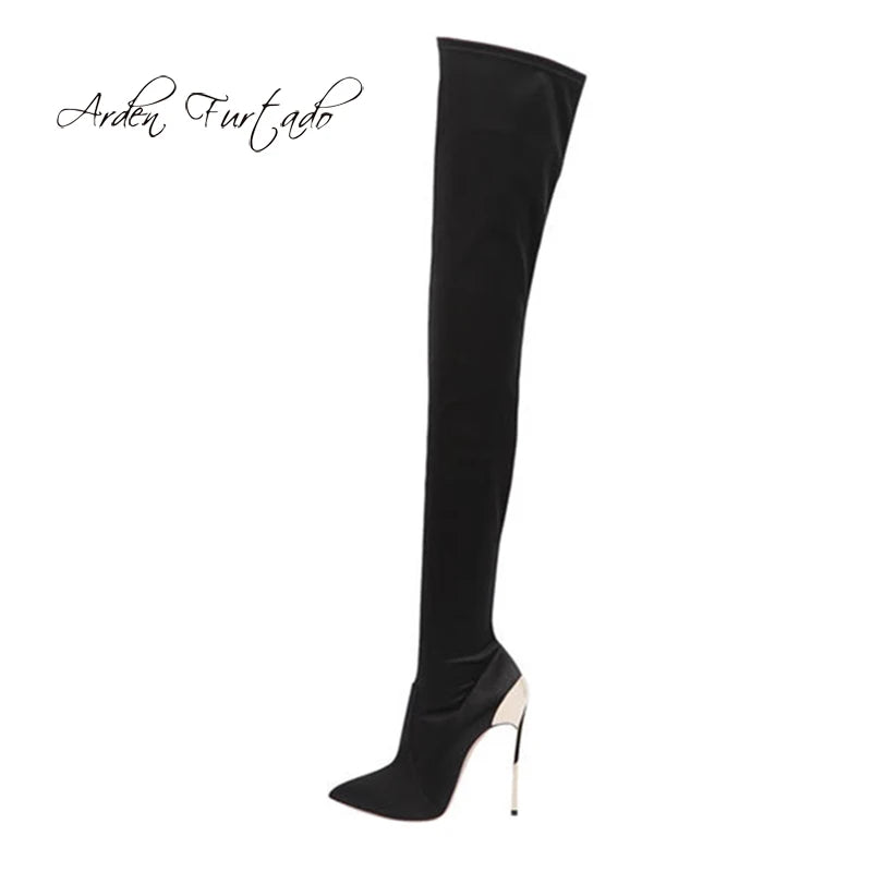 Aubrey Stretch Fabric Metal Thin Heels Over the Knee ee Boots