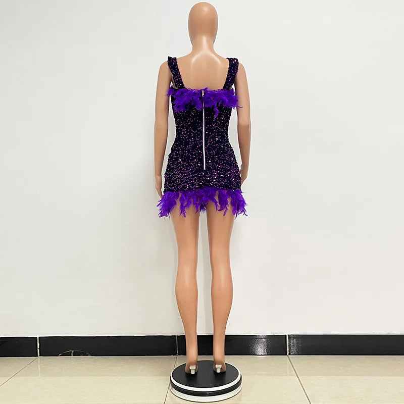 Short Sequins Halter Feathers Spicy Dresses