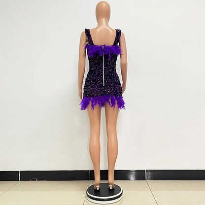 Short Sequins Halter Feathers Spicy Dresses