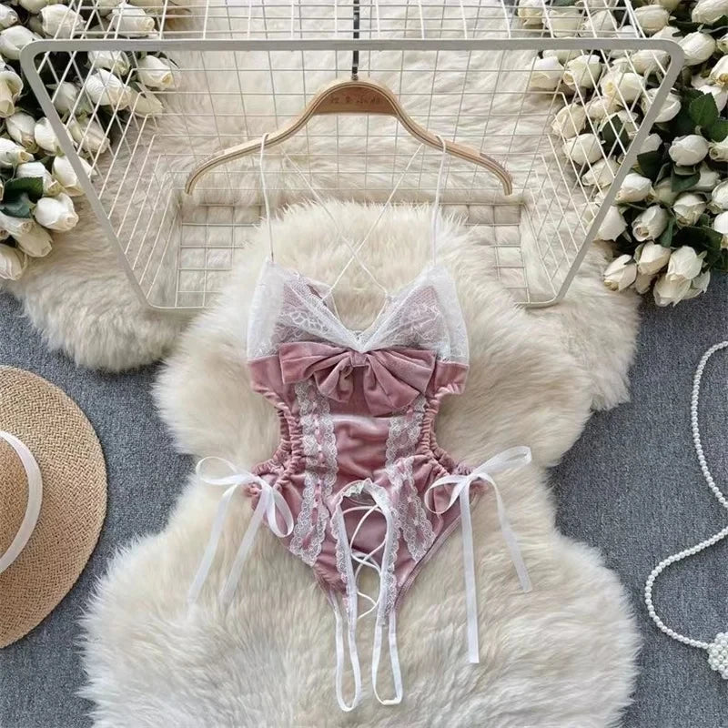 Satin Comfortable Strap Lace Spliced Sheer Lingerie