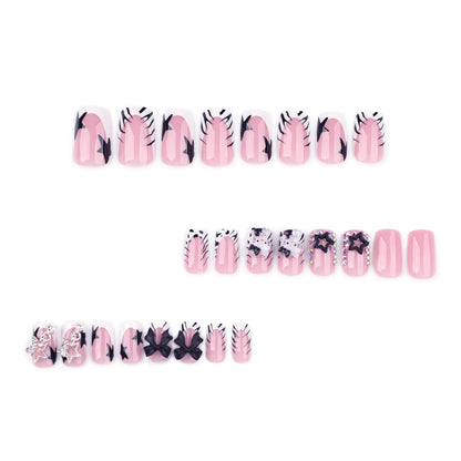 24Pcs Duckbill Nails Press on Y2K French Black Fake Nails Tips with Hellokitty Metal Charms Full Cover Acrylic False Nail