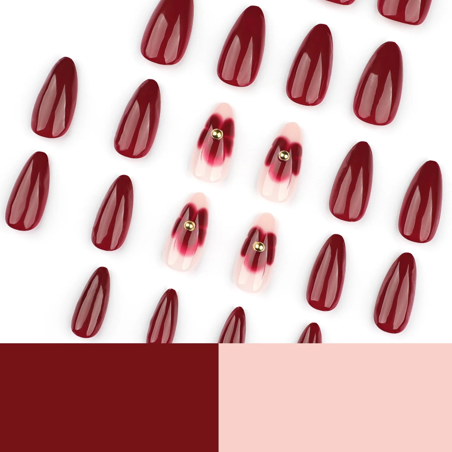 24pcs Women'S Nail Set Burgundy Almond Shape Medium Length Solid Color with Floral Golden Dust Design Fake Nails for Women/Girls