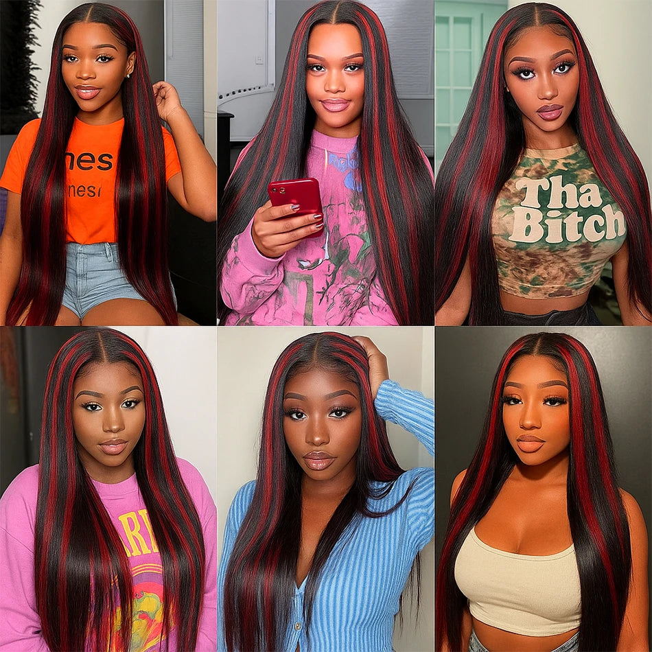 200% Upgraded 1B/99J Black With Red Bone Straight 5x5 Highlight Wig Human Hair Brazilian Burgundy Colored Glueless Wig