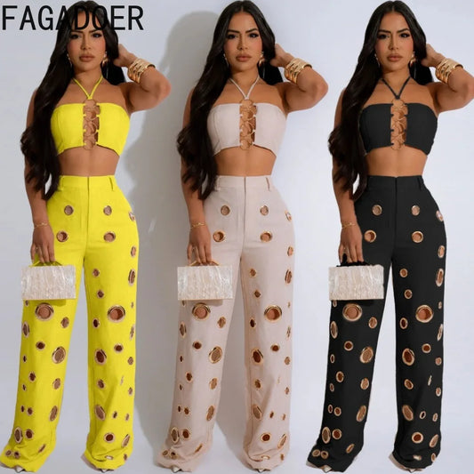 Halter Sleeveless Backless Crop Top And Pants Two Piece Sets Outfits