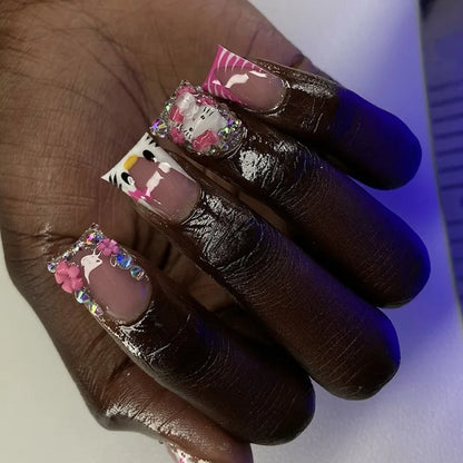 24Pcs Duckbill Nails Press on Y2K French Black Fake Nails Tips with Hellokitty Metal Charms Full Cover Acrylic False Nail