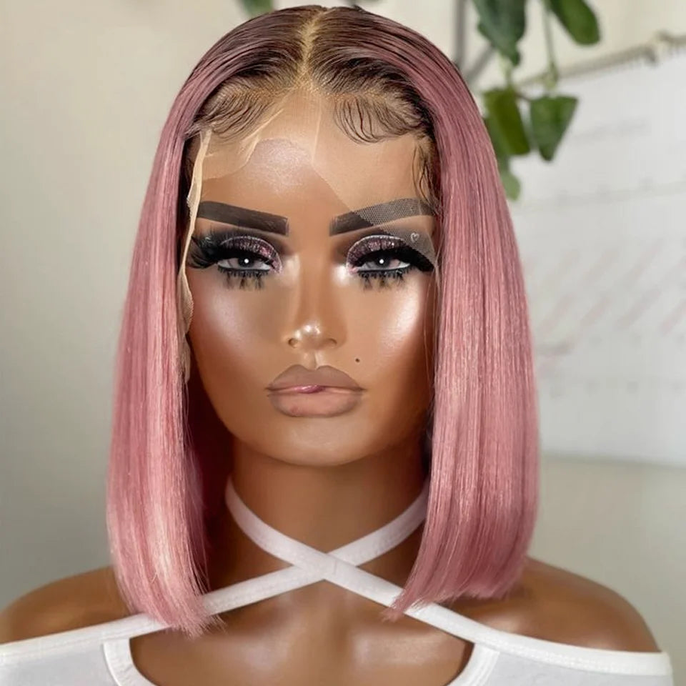 Pink Bob Wig Silky Straight Lace Front Human Hair Wigs For Women Short Bob Transparent Lace Wig Bleached Knots Pre Plucked Pink