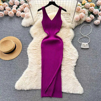 Chic Fashion Sexy Wrap Hips Split Knitted Slim Elastic Bodycon Maxi Dresses