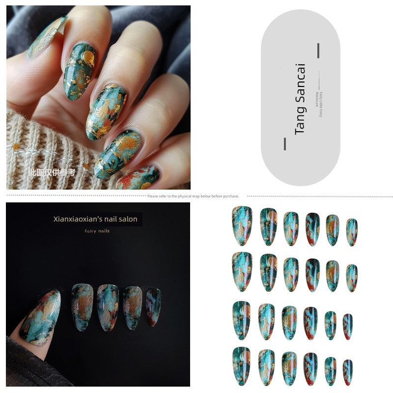 Classical Flower Oil Painting Wearing Armor Gilding Rose Nail Stickers Retro European American Style Artistic Finished Product Fake Nail Tip