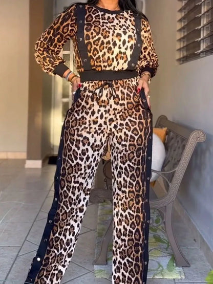 Leopard Print O-neck Top + Split Pants Matching Sets