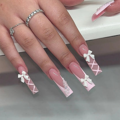 24Pcs Long Square Head French Fake Nail Tips 3D Love Heart Design Press on Nails with Rhinestone Pattern Wearable False Nail Art