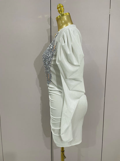 Luxury Sparkly Crystal White Velvet Mini Dresses