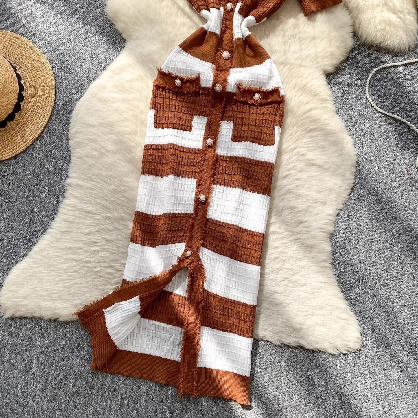 Chic Knitted Slim Waist Office Lady Sweater Maxi Dresses