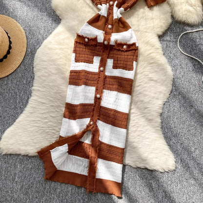 Chic Knitted Slim Waist Office Lady Sweater Maxi Dresses
