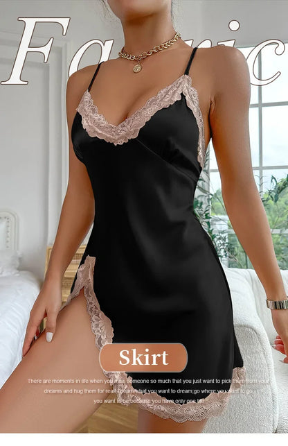 Lace Trim Leopard Nightdress V Neck Backless Side Split Slip Sleepwear Dresses