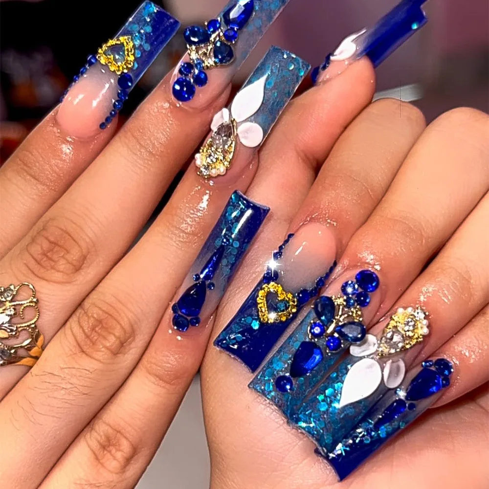 24Pcs Pink Butterfly Design False Nails Extra Long Coffin Fake Nails Wearable French Ballet Press on Nails Full Cover Nail Tips