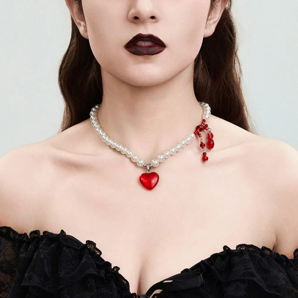 Halloween Gothic Imitation Pearl Blood Drop Necklace