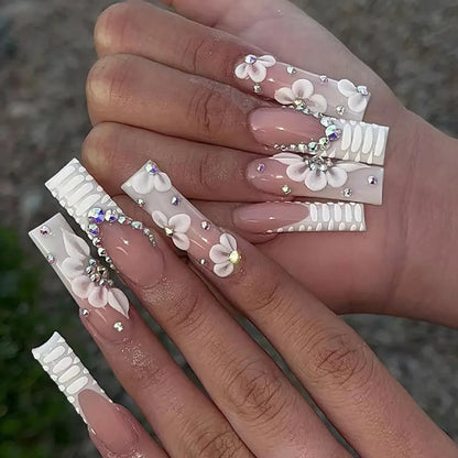 24Pcs Long Square Press on Nails Leopard Print French 3D Cherry Design False Nail Rhinestone Wearable Full Cover Fake Nails Tips