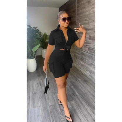 Pockets Short Sleeve Button-Up Shirt Top + Short Matching Sets